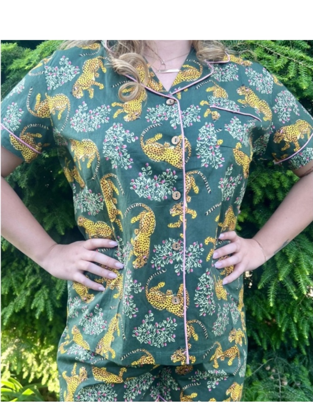 Haute Dreamz Green Leopard-Print Pajama Set with Pink Piping